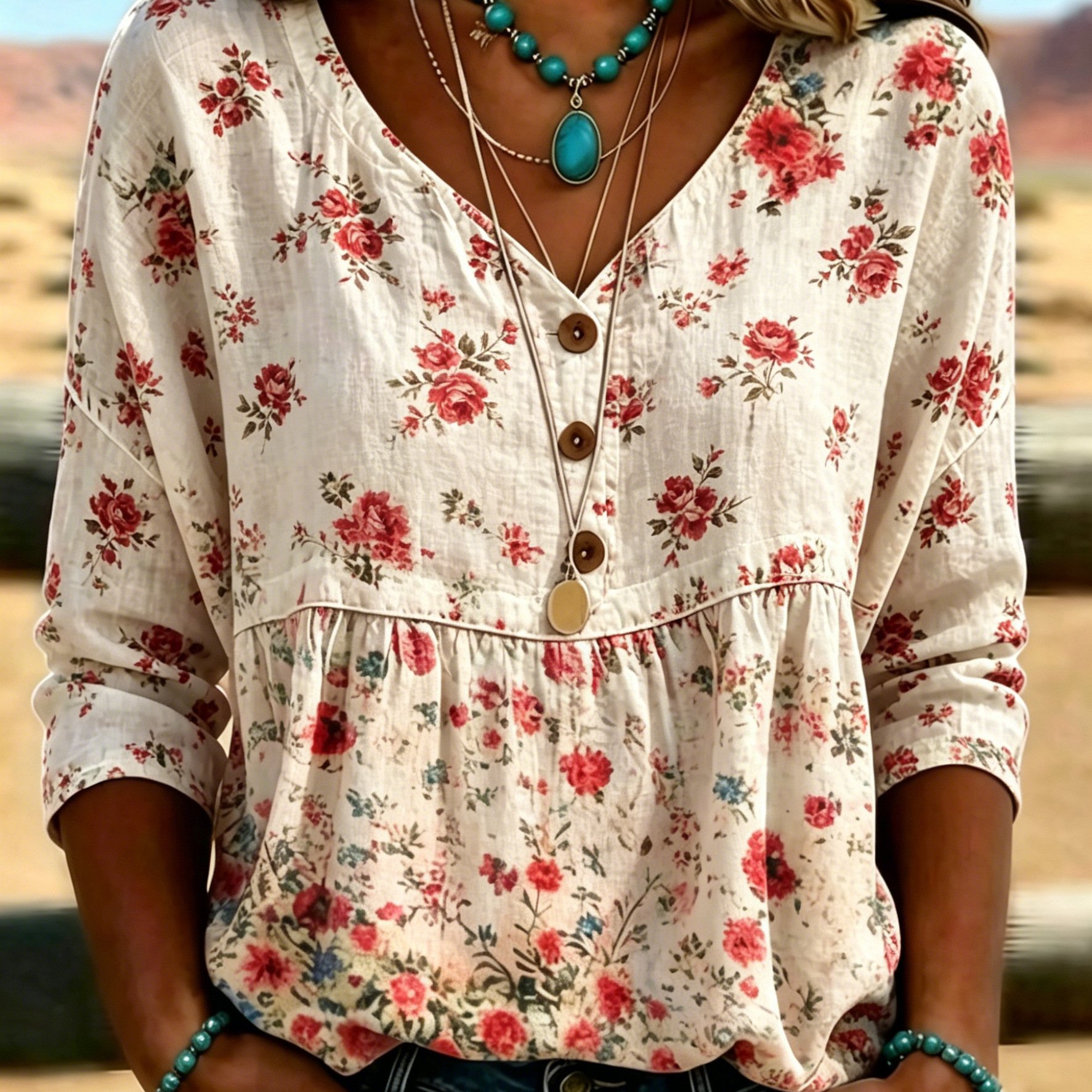 Boho Inspired Women's V-neck Half Sleeve Babydoll Blouse, Lightweight Loose Beige Floral Print Shirt With Vintage Red Rose & Ditsy Flower , Casual Top, Machine Washable