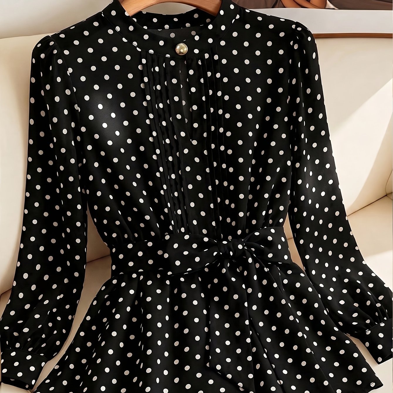 TEMU Elegant Directional Curve Design White Dot Lace Tie-waist Chiffon Shirt, Women's Spring Top, Autumn Use Style