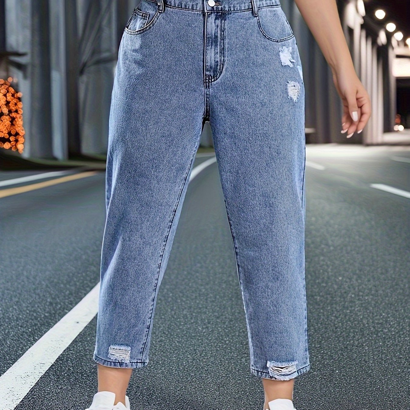 Women's Loose Fit Casual Ripped Light Blue Plus Size Denim Ankle Pants