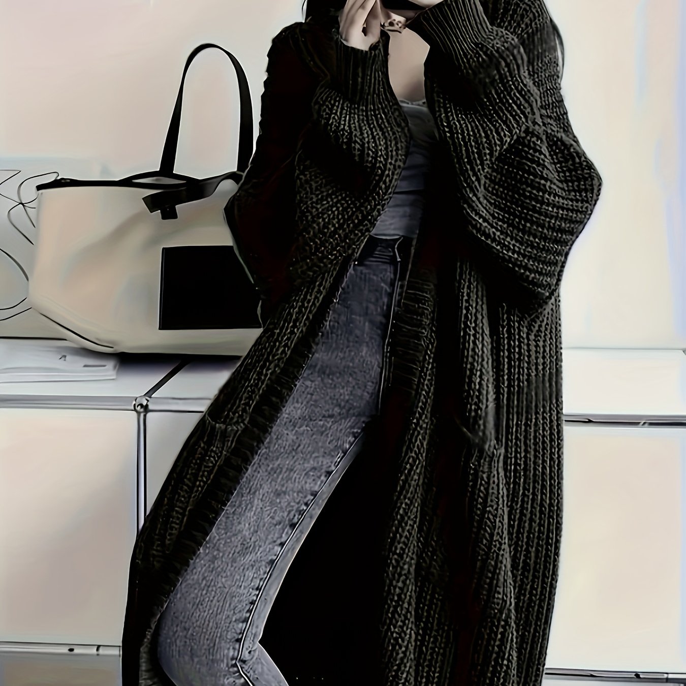 Image of 2026 European And American Versatile Solid Color Extra-long Cardigan, Loose Fit Lazy Style Autumn Winter Commuter Outerwear