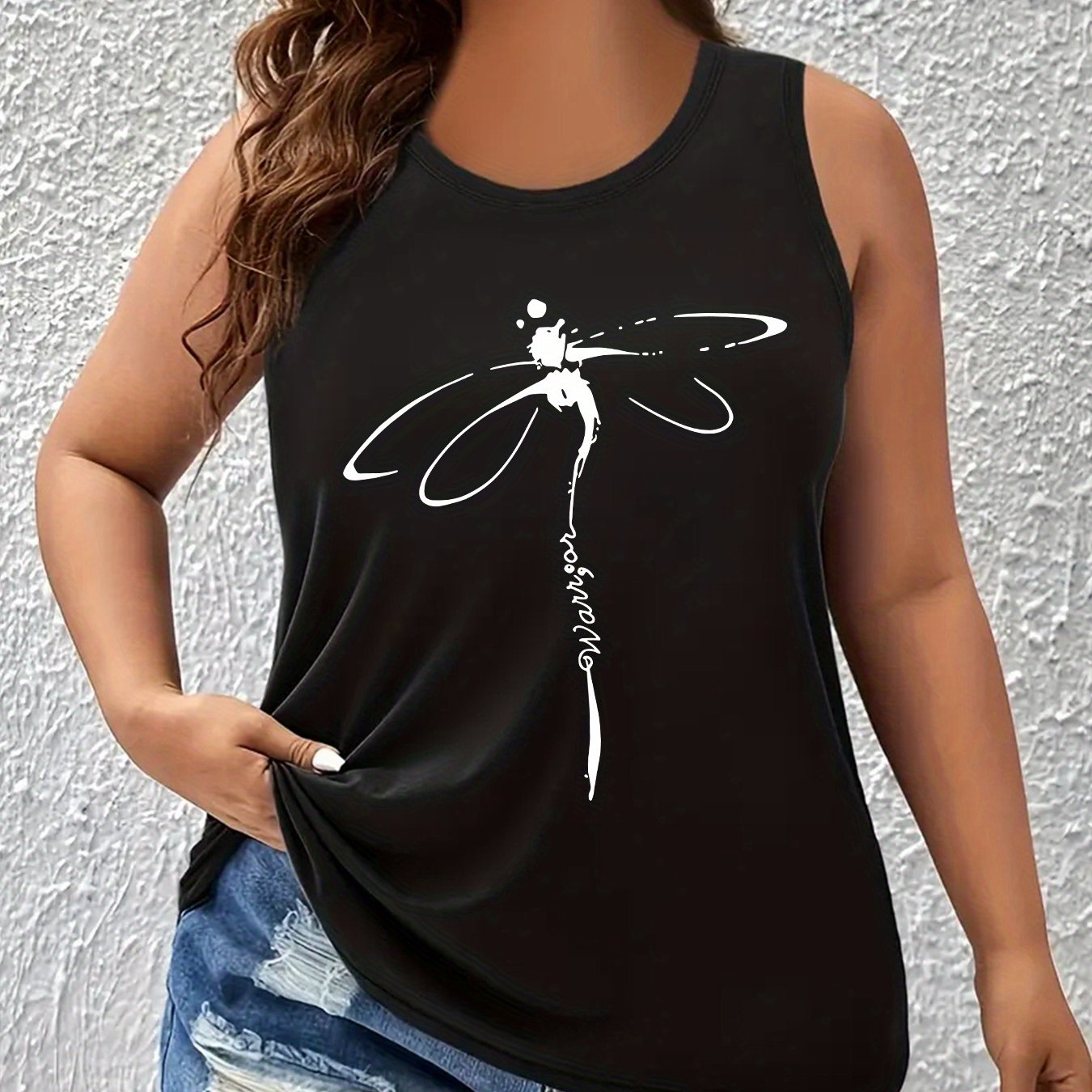 TEMU Plus Size - Plus Size - Dragonfly Print Plus Size Fashion Round Neck Vest, Women's Sleeveless Tank Top