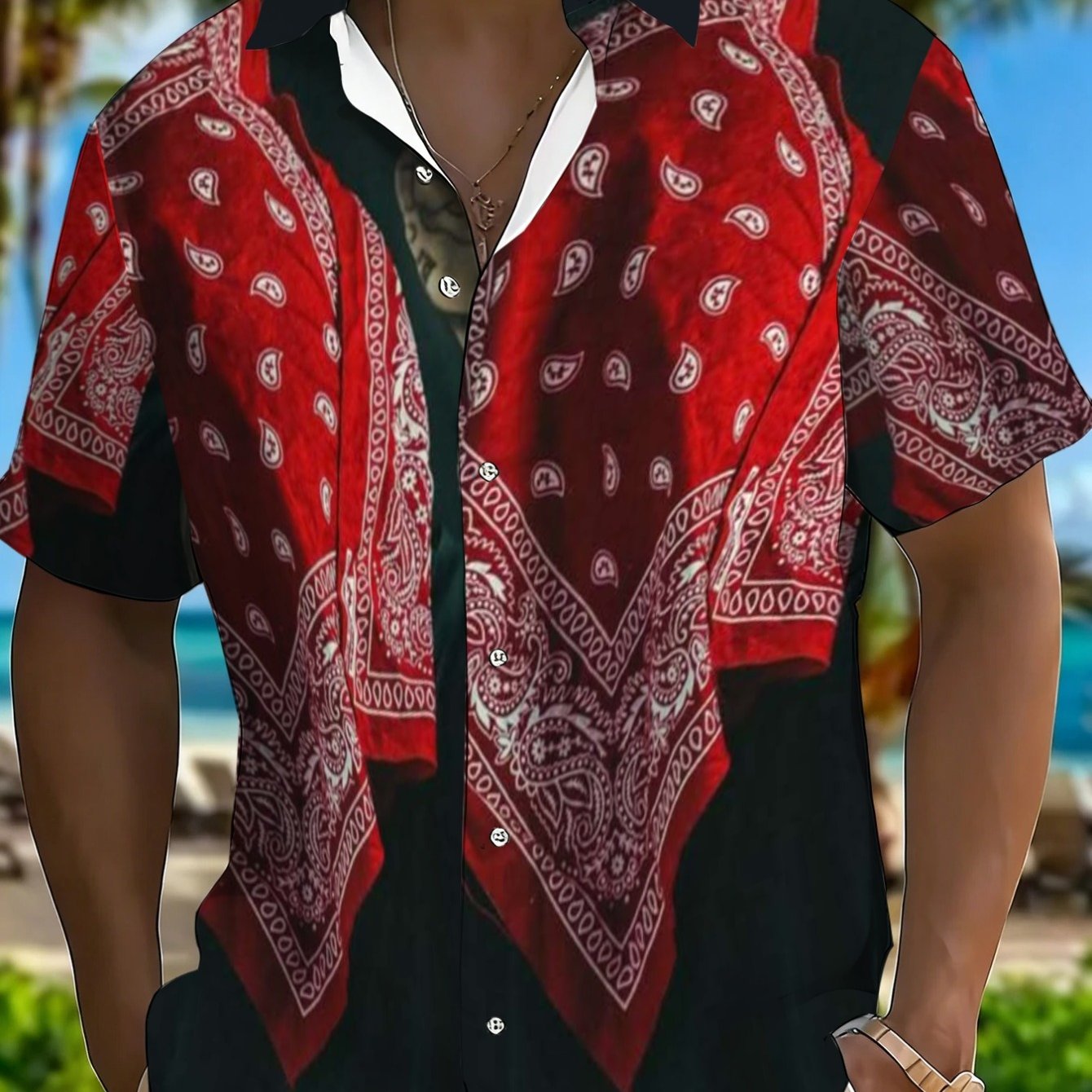 TEMU Men's Casual Short-sleeve Bandana-print Shirt, Polyester, Beach Outdoor Wear, With Red Paisley Pattern, Lightweight Breathable For