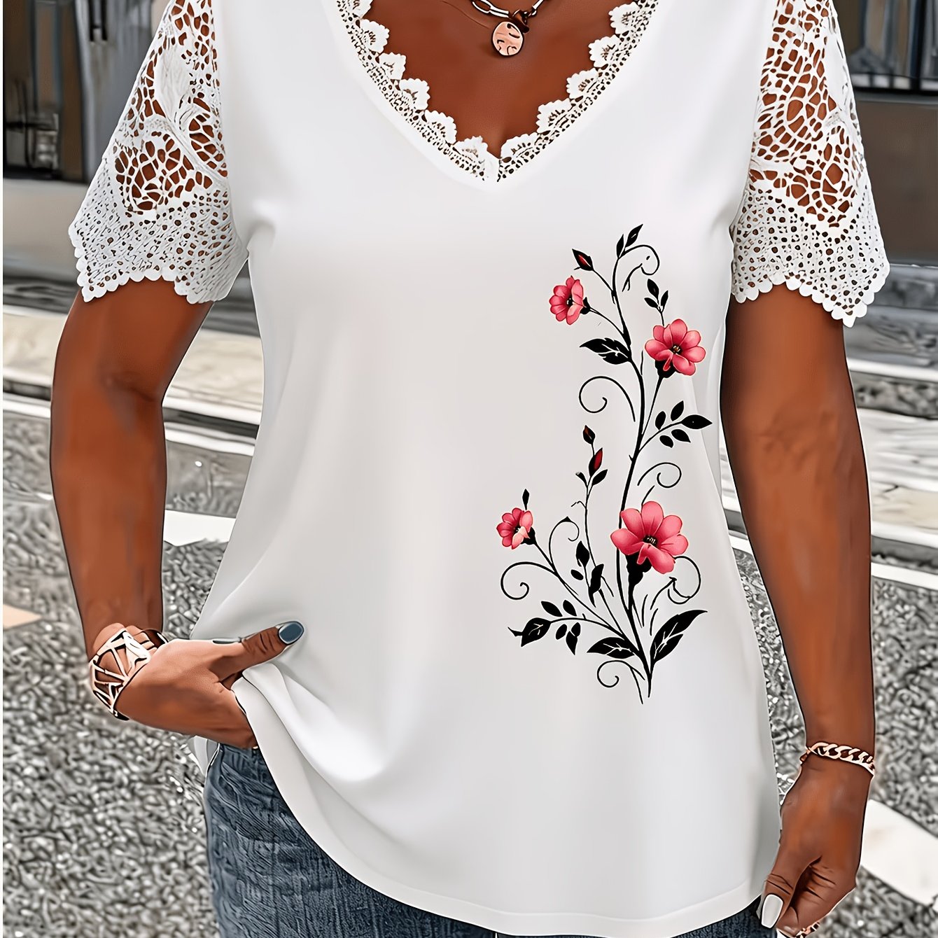 TEMU Plus Size Women's V-neck Lace Short Sleeve Top, Loose Casual All-match Summer Women's Clothing