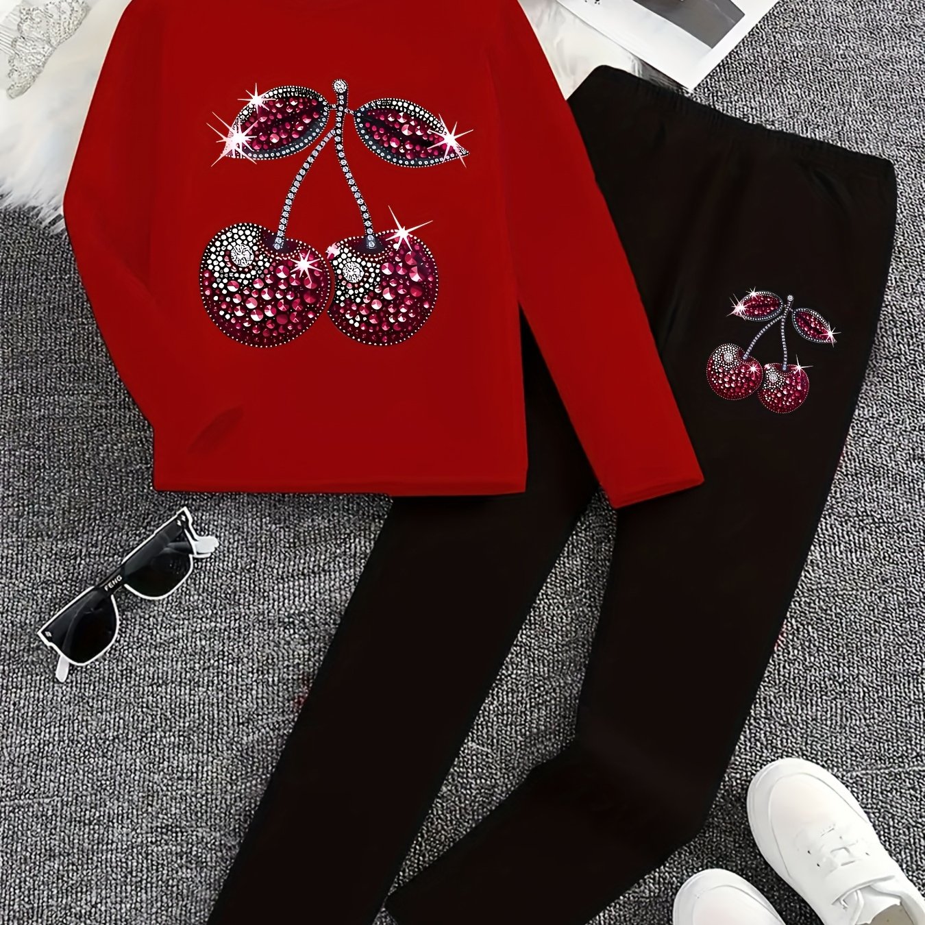 TEMU [2pcs Set] (print Design-not Textured 2d Printing) Girls' Spring/autumn Fashion Print Long Sleeve T-shirt And Leggings, For Outdoor