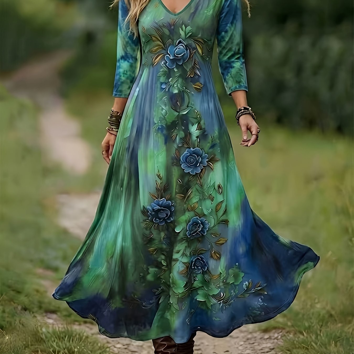 TEMU Plus Size Women's Bohemian Floral Maxi Dress, Women's V-neck 3/4 Sleeve Flowing A-line Long Dress, Casual Loose Dress