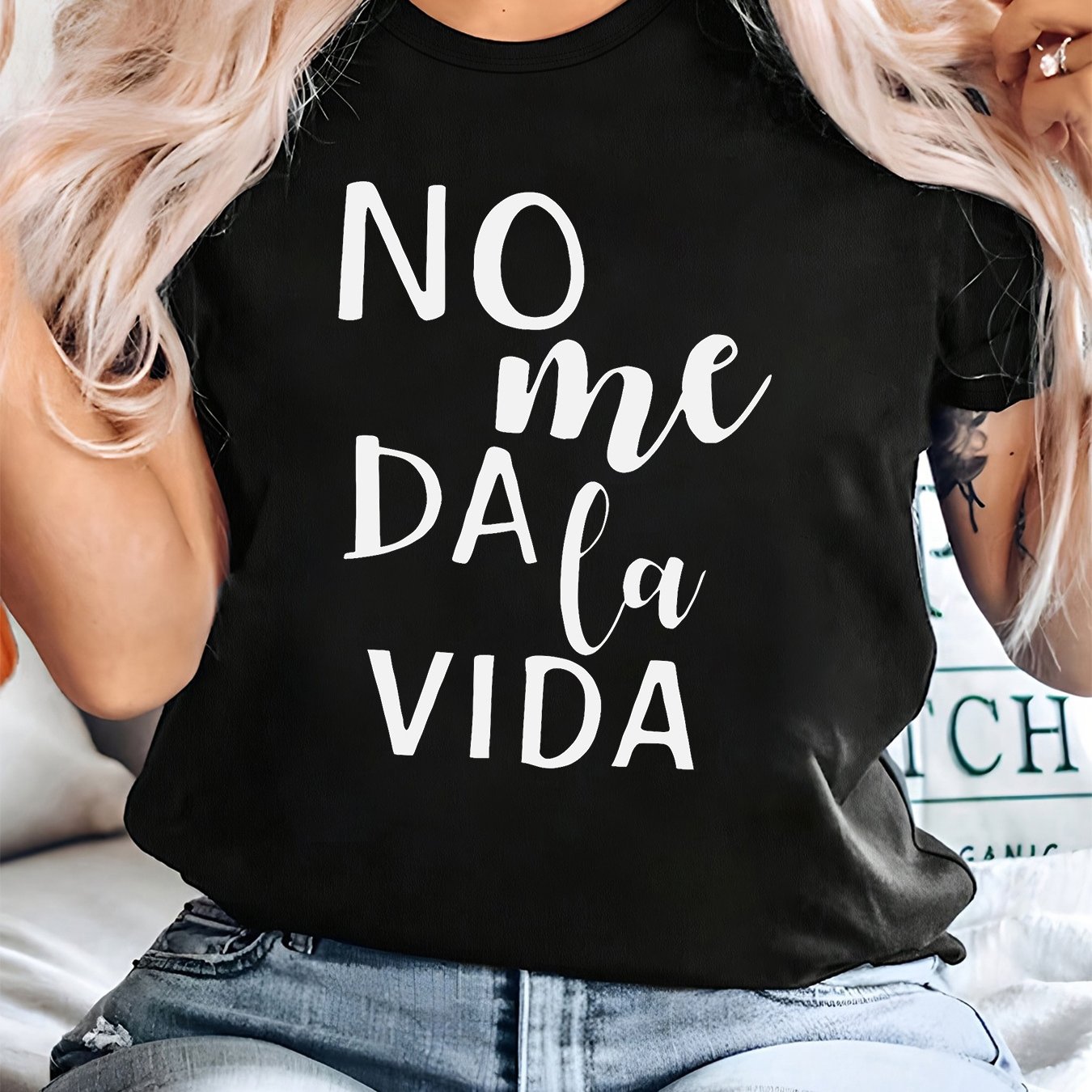 TEMU Camiseta de Talla Grande con Estampado de Expresión de Estado de Ánimo " Da Me Loco, No Energía para ", Cuello Casual, Manga Corta, de Poliéster
