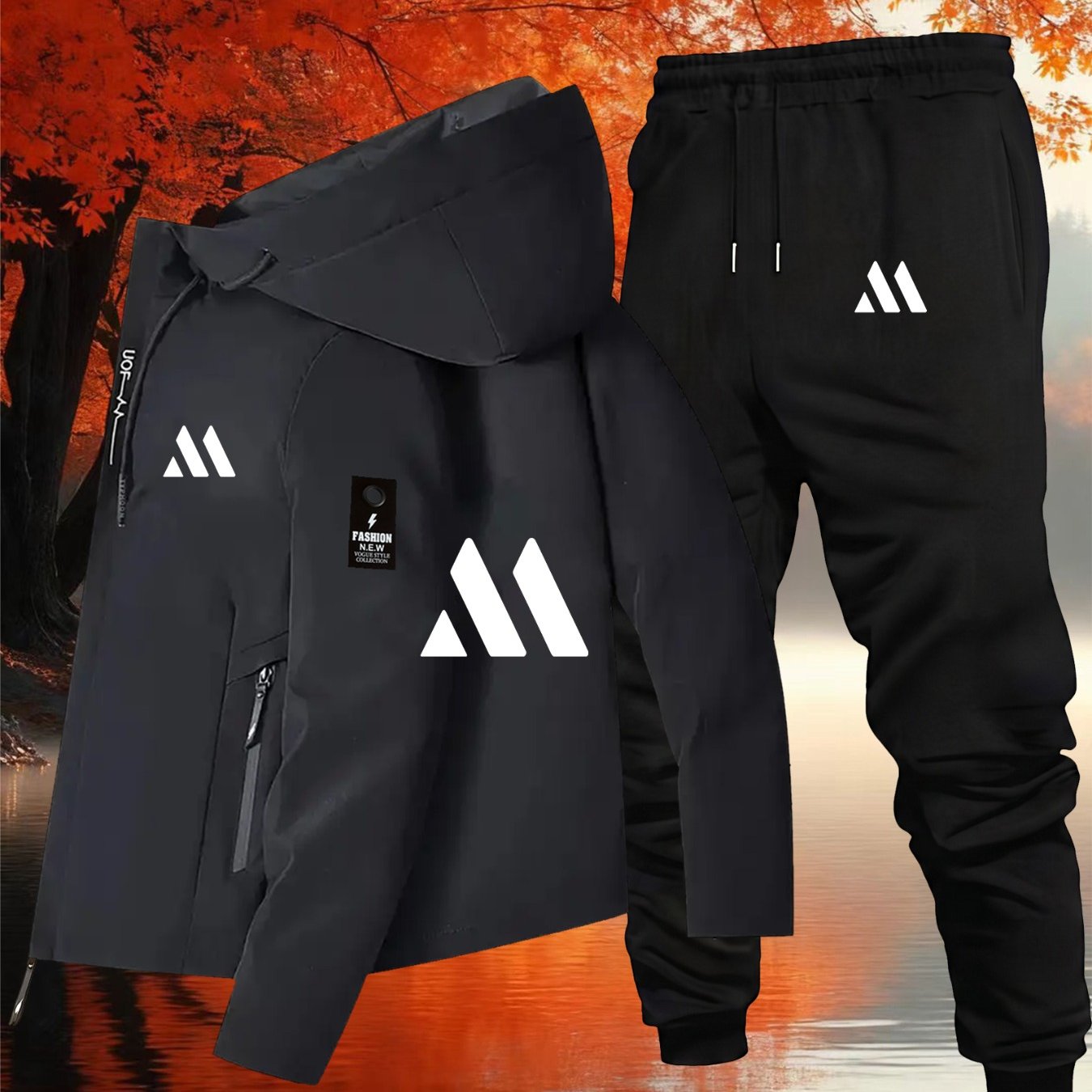 TEMU 2026 New Lightweight Mountaineering Sportswear Set: Jacket + Long Pants 2pcs Set, Fashion Streetwear Brand Printed Pattern, Outdoor Lightweight
