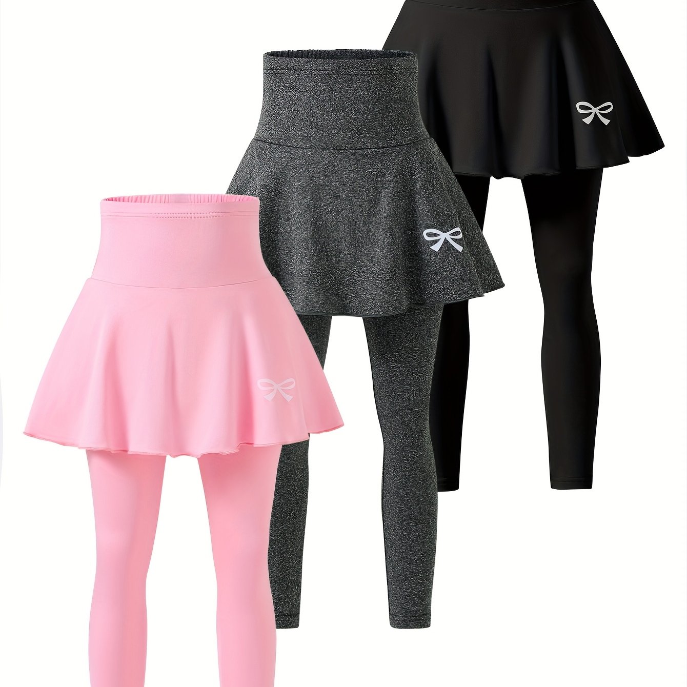 Image of 3pcs Set Children Spring Autumn Long Pants, Medium-large Size Elastic Waist Solid Color Bow Print Skirt-pants, Girls' Casual Outdoor Comfortable Wear, Girly Fashion Easy Individual All-, For Outdoor
