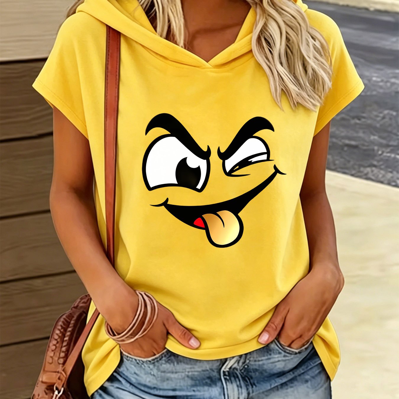TEMU Cartoon Face T-shirt With Tongue Out - Light Short Sleeve Hooded Tee, Asymmetrical Hem Relaxed Fit, Soft Summer Breathable Casual Top For Men