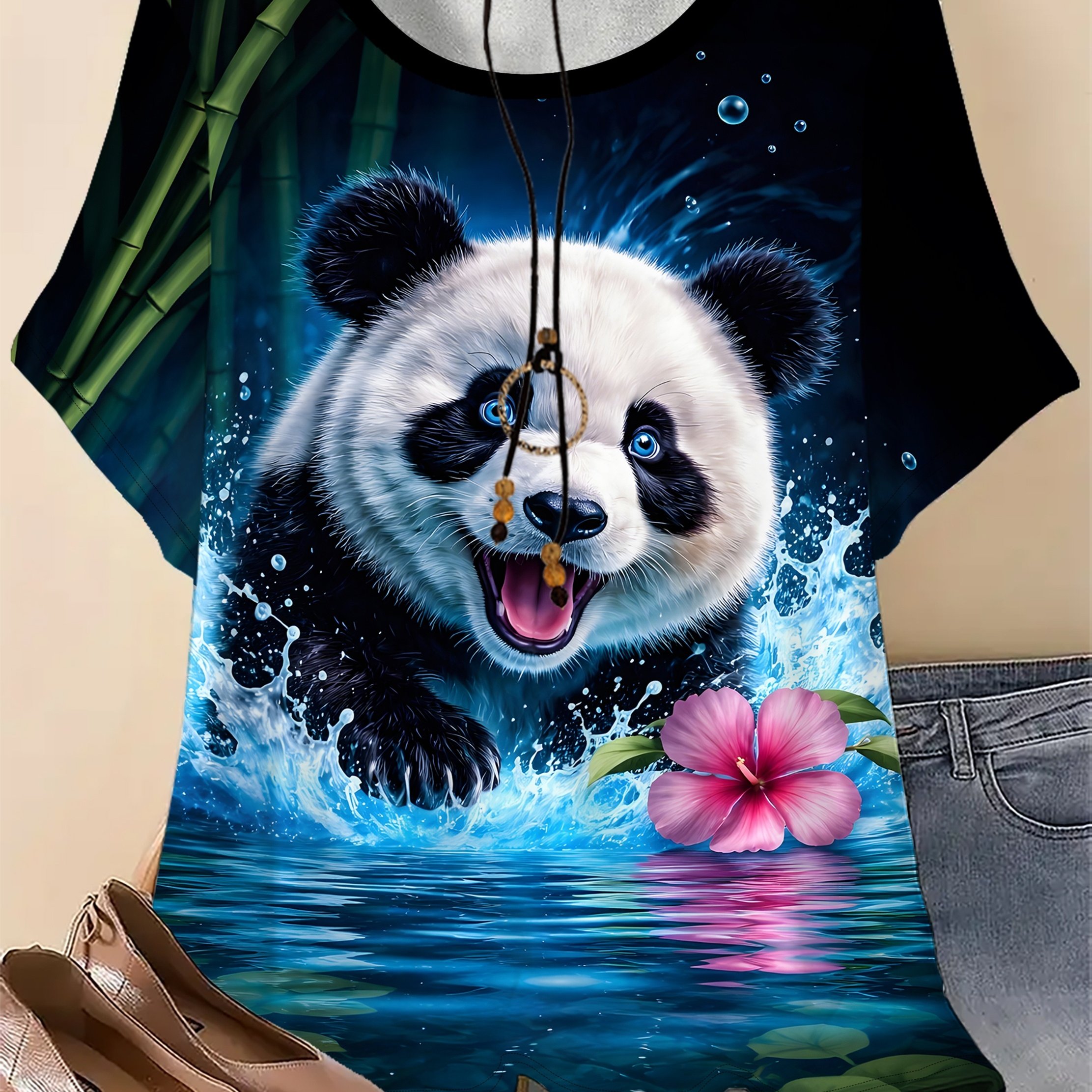TEMU Plus Size, Women's Plus Size Oversized Panda T-shirt - Full-body Bamboo Print Round Neck Short Sleeve Top With Panda & , Machine Washable Summer