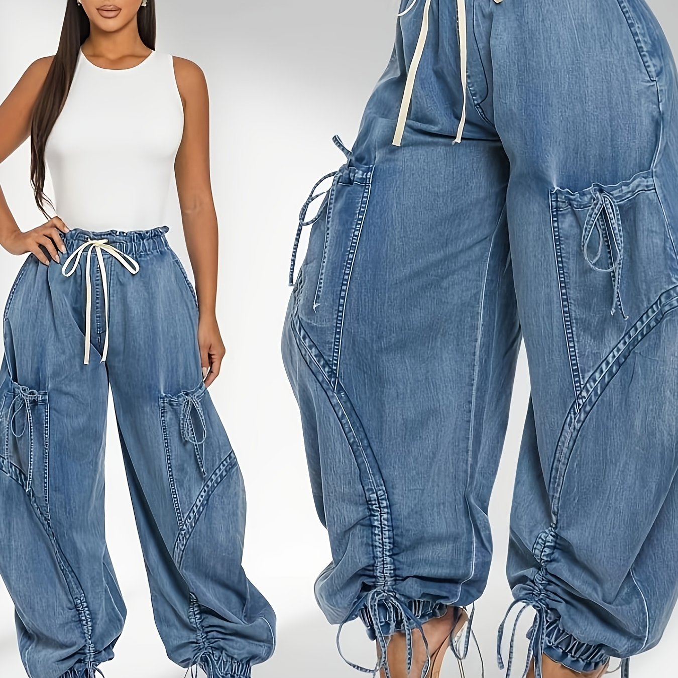 TEMU Women's Loose Jeans Women's Fashion Drawstring Lace-up Elastic Waist Jeans, Suitable For Daily Wear, Clothes