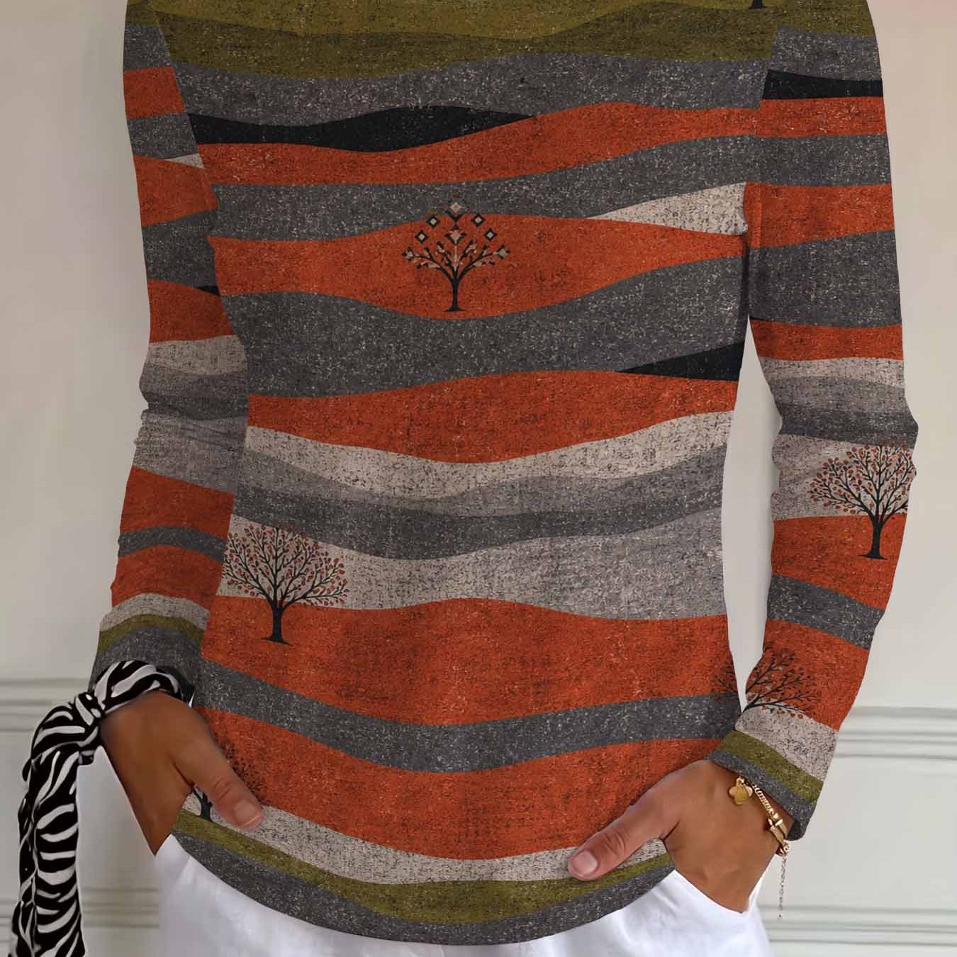 TEMU Women's Round Neck Long Sleeve T-shirt With Wavy Stripes And Tree Pattern, Soft And Comfortable Fabric, Print Design, Machine Washable, Elegant,