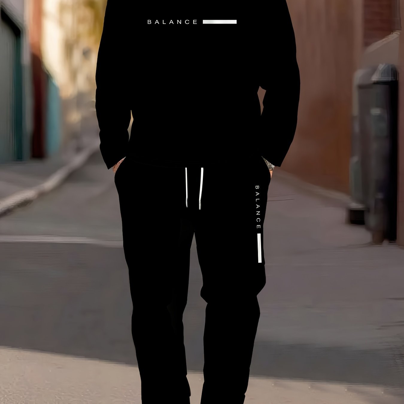 Image of New Arrival Men Solid Horizontal Vertical Line English Crew Neck Sweatshirt Straight Sweatpants Set For Outdoor Street Wear Print Cool Comfortable Summer Fashion Versatile Design Minimal 2pcs Tracks