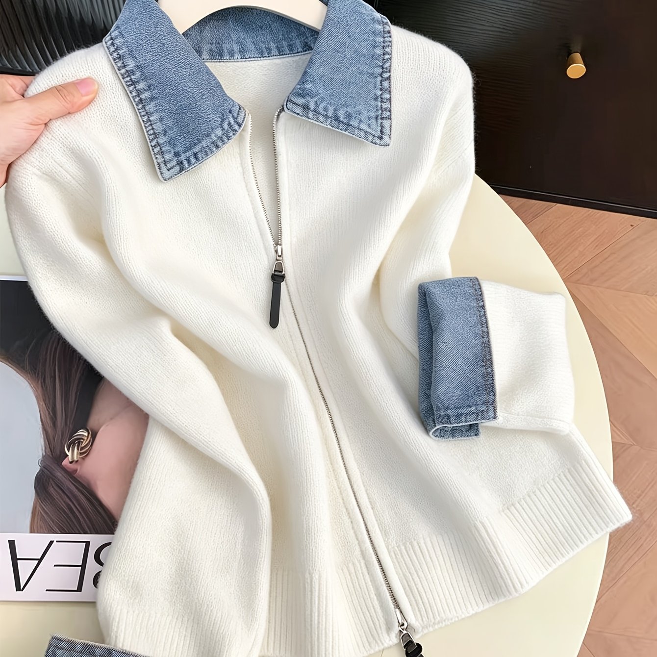 TEMU mode femme automne/hiver : Veste pull cardigan et stylée en jean avec col patchwork et fermeture éclair