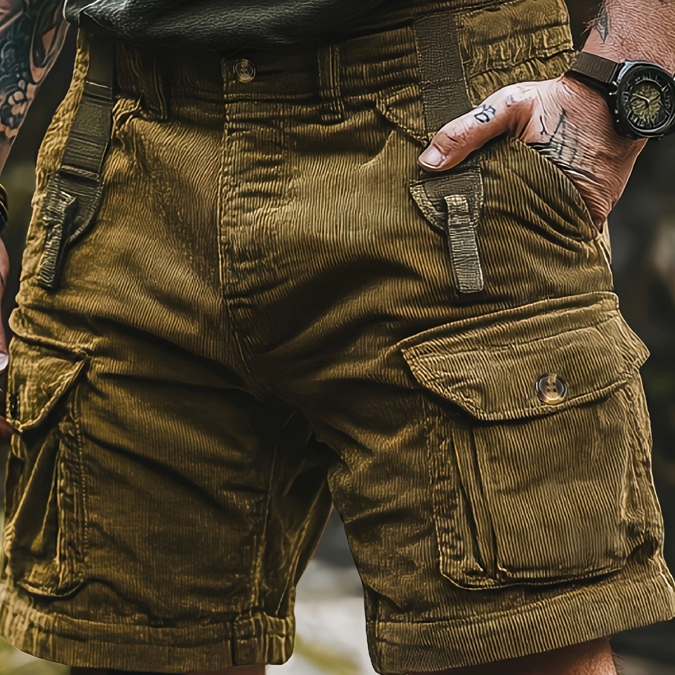 Image of Men's Corduroy Cargo Shorts With Pockets - Olive Green, Comfortable, Casual Design For Everyday And Outdoor Activities, Casual Workwear | Functional Waistband | Corduroy Fabric