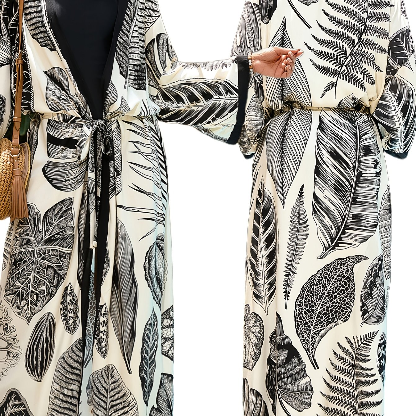 Image of Bohemian Viscose Cardigan Leaf Print Beach Vacation Robe Bikini Cover-up Women's Kaftan Gown