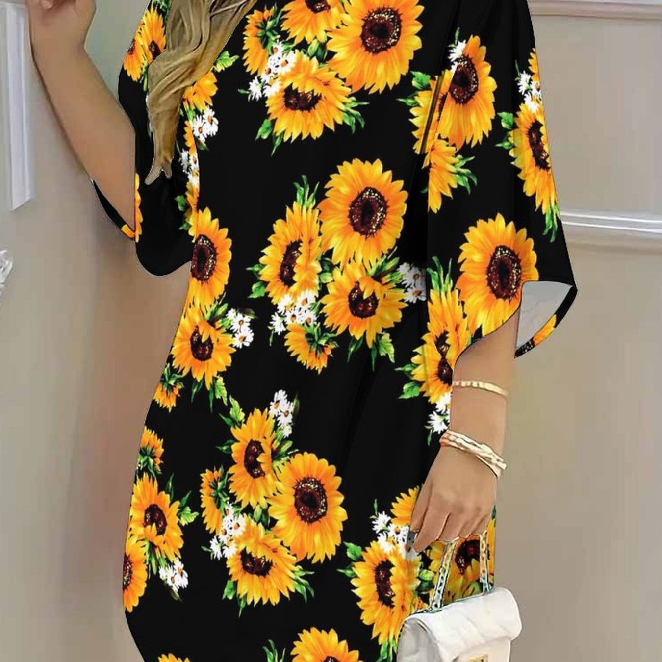 Image of Plus Size, Women's Dress, Women's Plus Size Dress, Flower And Tree Pattern, Bohemian Style Party Occasion, Casual Vacation, Elegant Women's Fashion Round Neck Mid Sleeve Dress