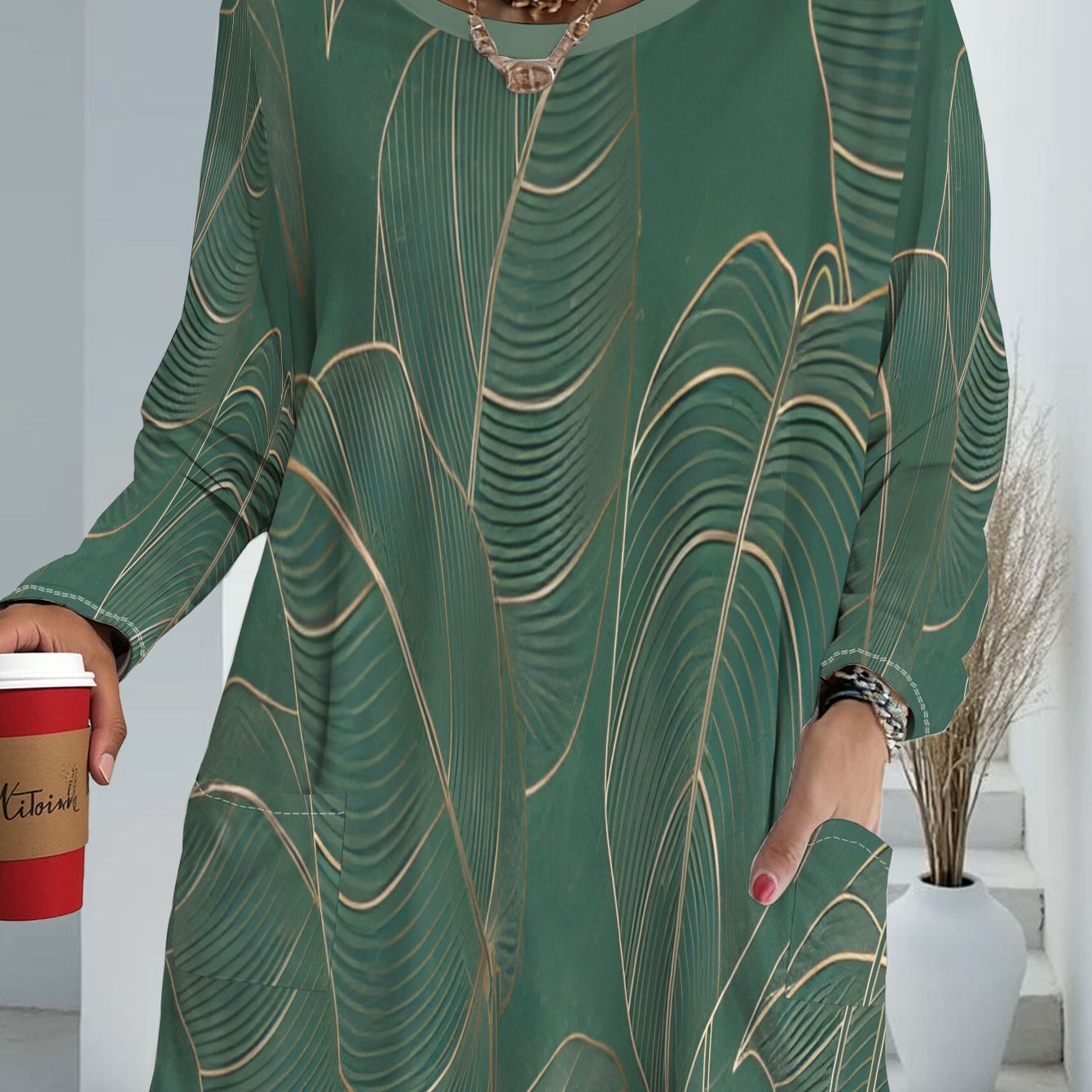 TEMU Women's Plus Size Top With Pockets, Green Abstract Pattern, Loose Fit, Long Sleeves. Women's Casual And Versatile Fashion T-shirt