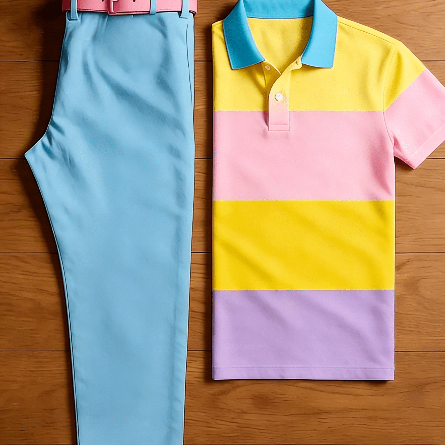 Men's 2pcs Summer Outfit Set, Pastel Multi Color Block Horizontal Striped Short Sleeve Shirt + Blue Straight Leg Chino Pants, Casual Holiday Matching Suit