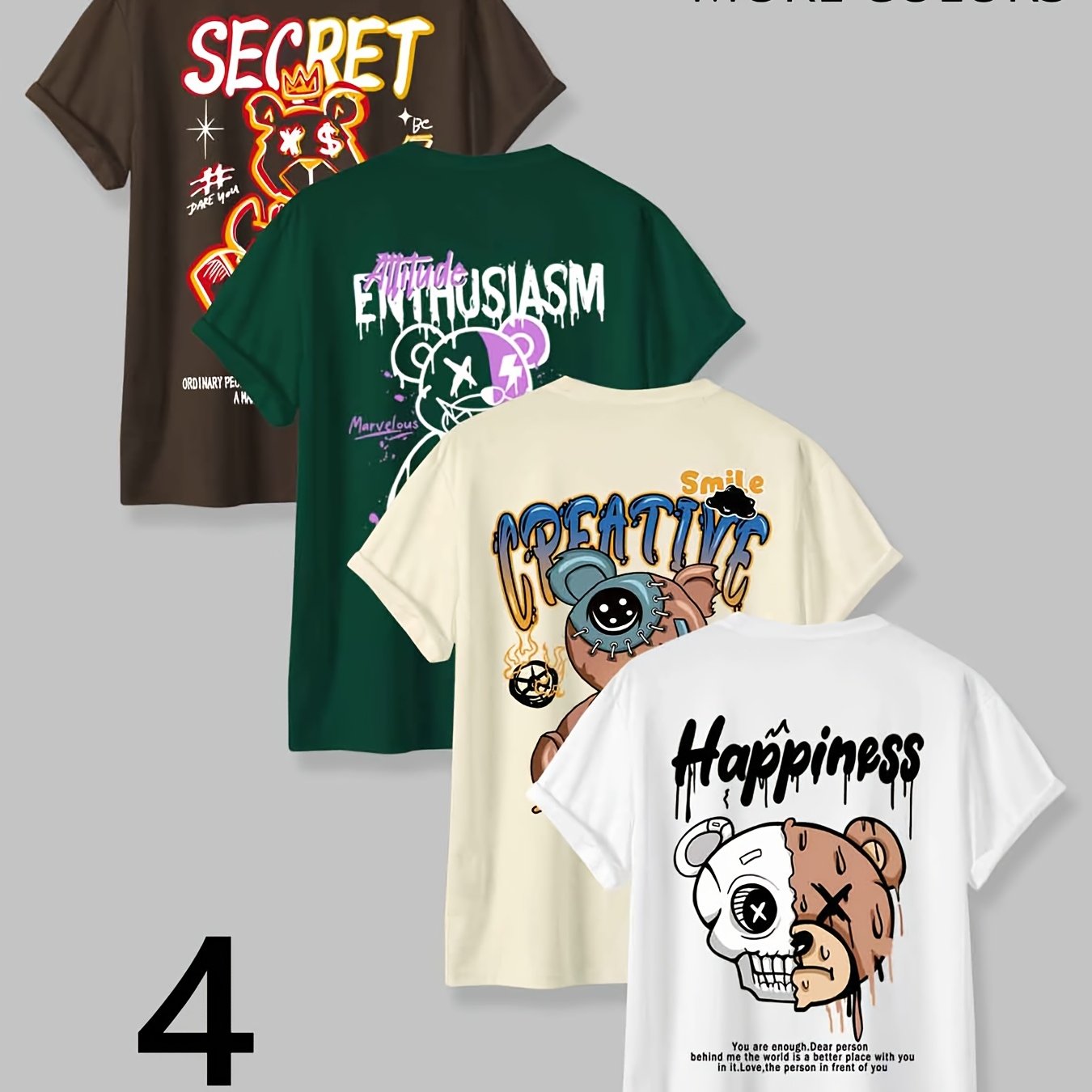 4pcs Set Men's Round Neck Print T-shirt