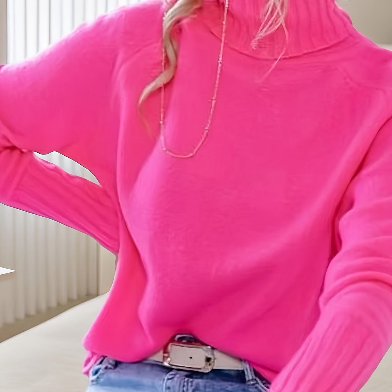 TEMU Yellow Tassel Directional Rose Red High Neck Sweater Loungewear