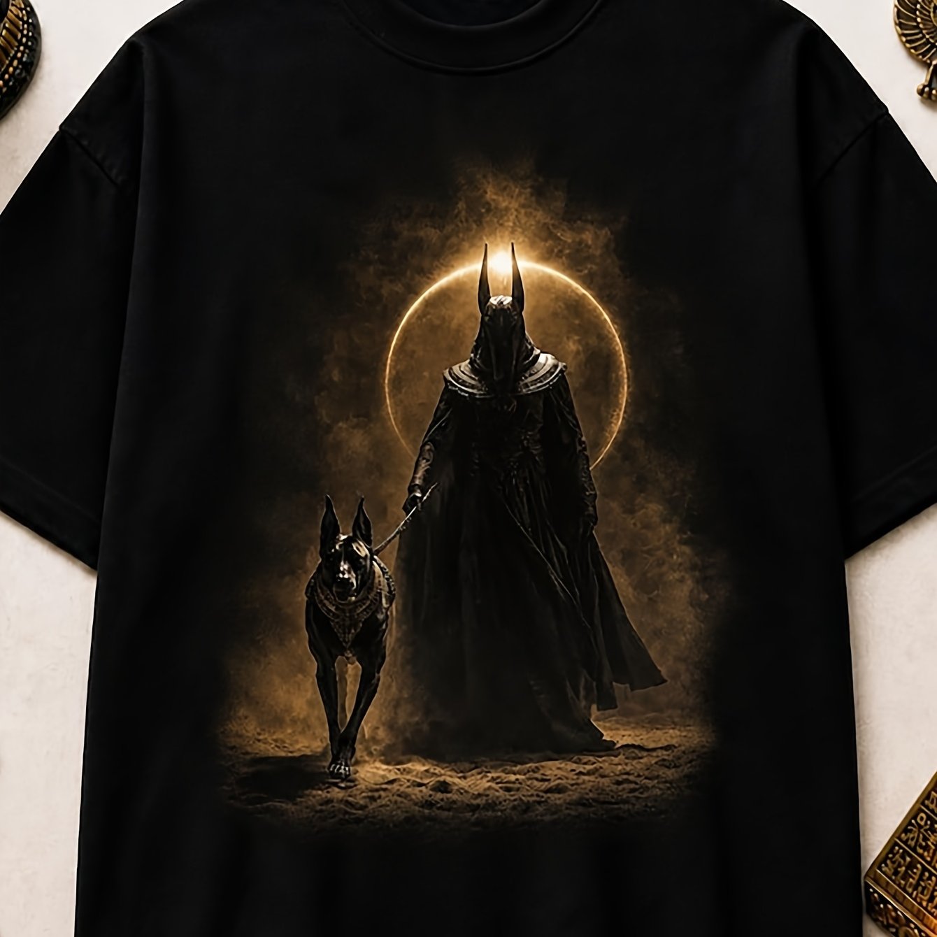 Guardian T-shirt Egyptian Mythology Tone Jackal Headed Pharaoh Guardian Modern 180g Solid Black Finished Crewneck Shirt Racer Biker Tee Graphic Tee Teenager Boys Men Adult Top