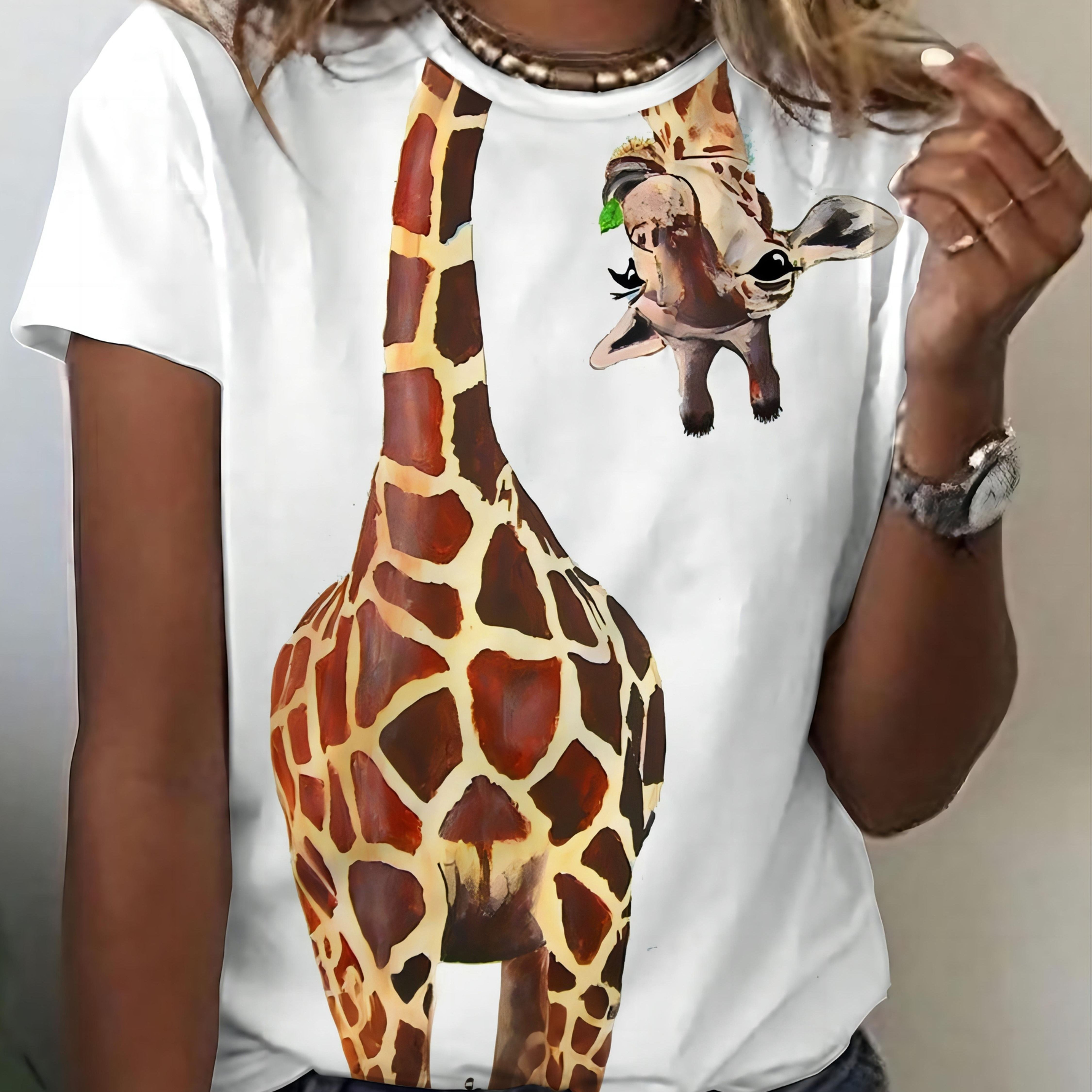TEMU Women's Trendy Giraffe Watercolor Print Short Sleeve T-shirt, Women's Casual Short Sleeve Top, Gift, Casual Short Sleeve Round Neck Top, Women's