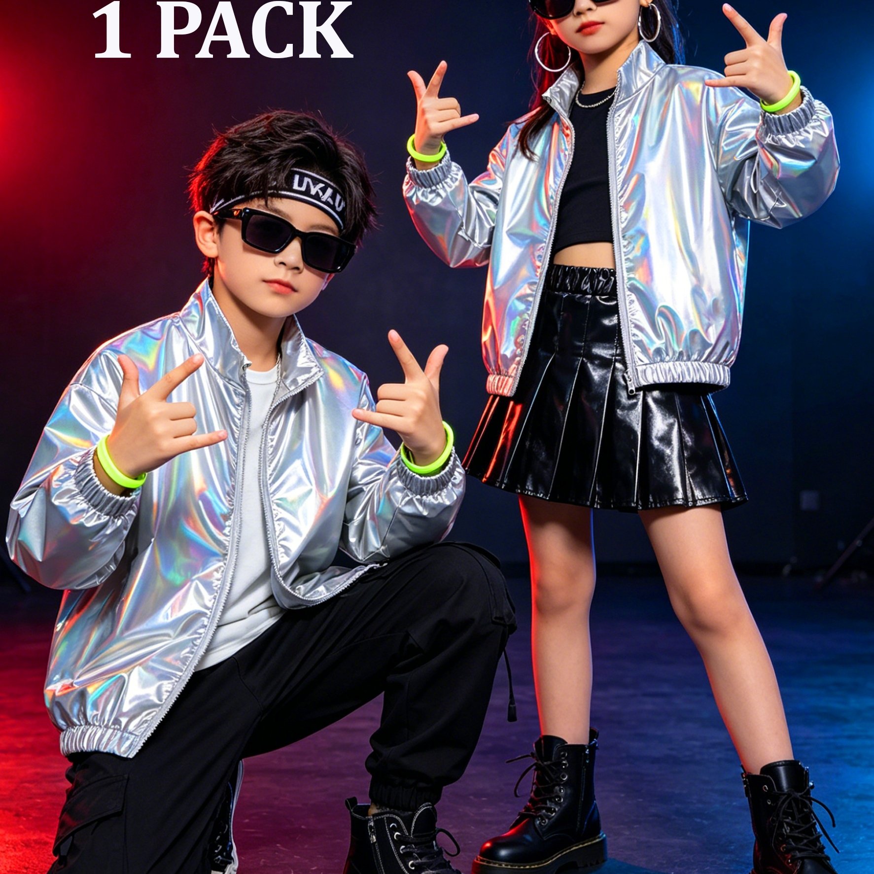 TEMU Party Boy 130-170 Fashionable Trench Coat, Silvery Metallic Texture Fabric With Zipper Design, Stage Performance Silvery Shiny Zipper Jacket