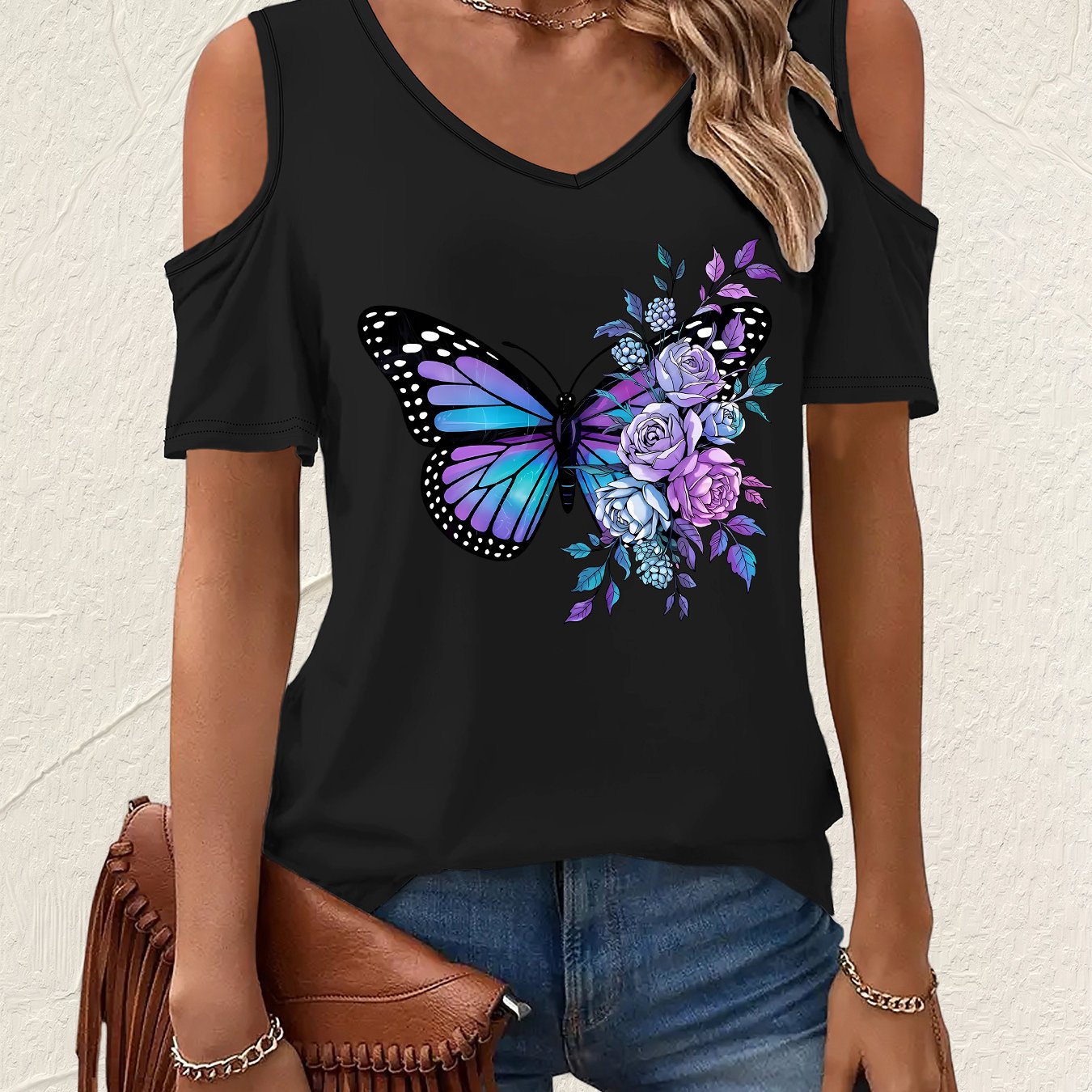 TEMU Graphic Print T-shirt, Short Sleeve V Neck Casual Top For Summer & Spring, Women's Clothing