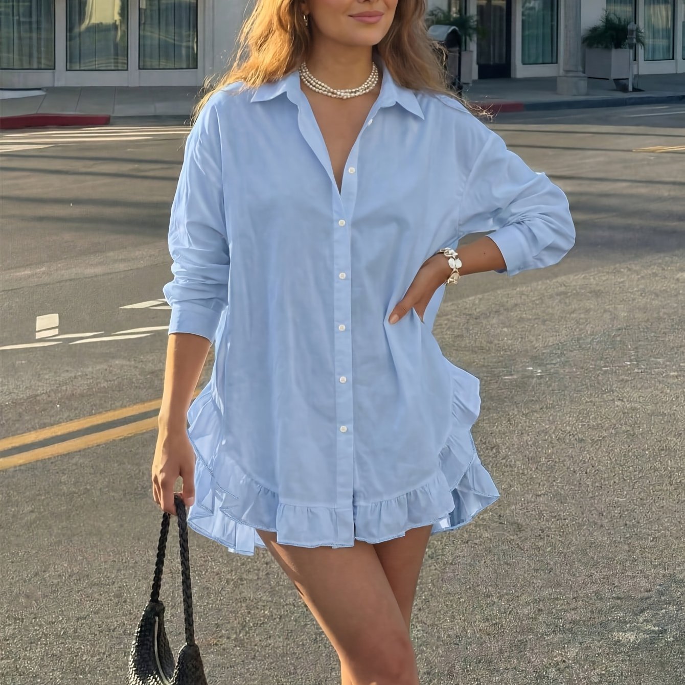 TEMU Casual Solid-color Ruffle-trimmed Top, Spring/summer Style