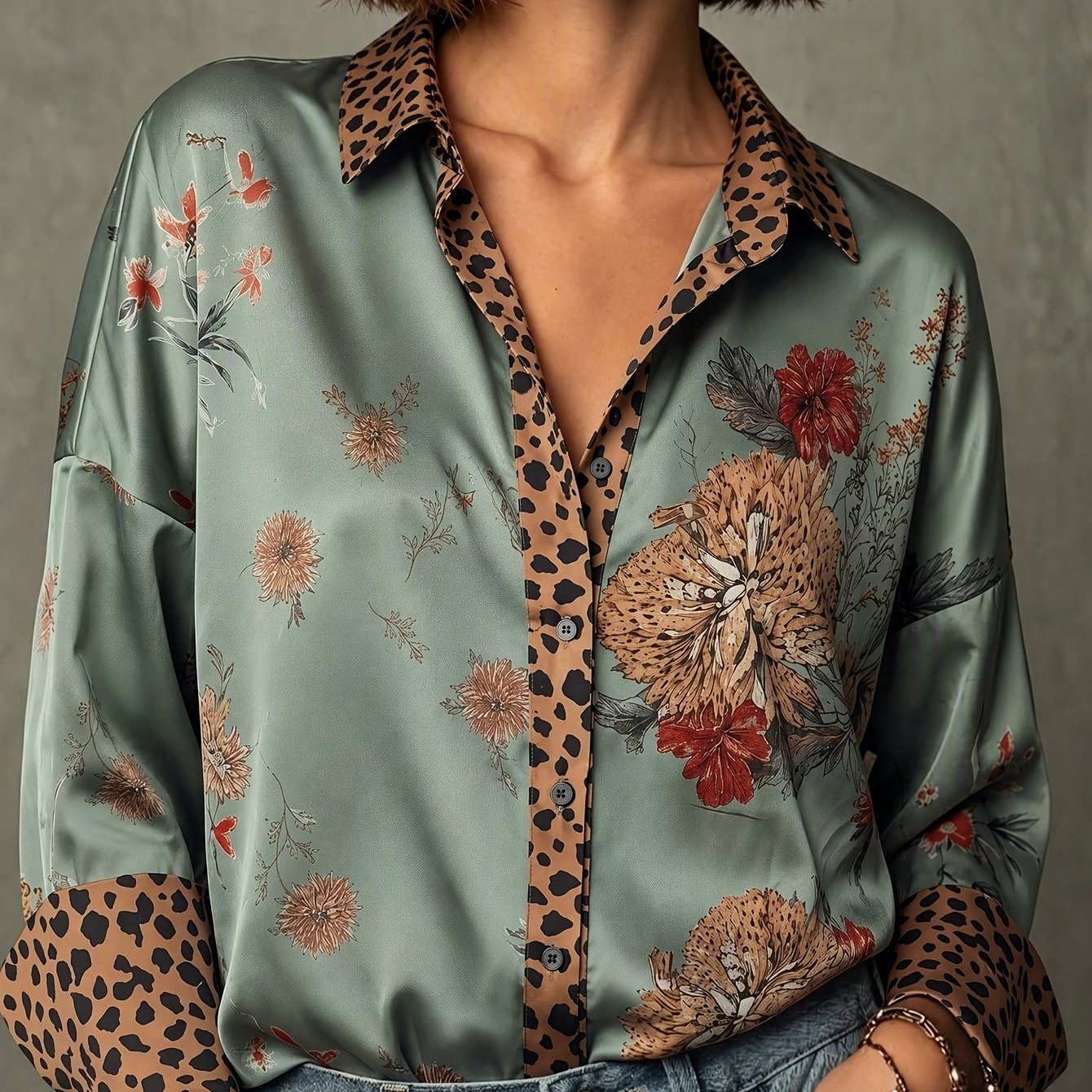 TEMU Blouse imprimée grande taille pour femme avec poignets à imprimé léopard, une chemise , et décontractée, adaptée aux , et aux vacances