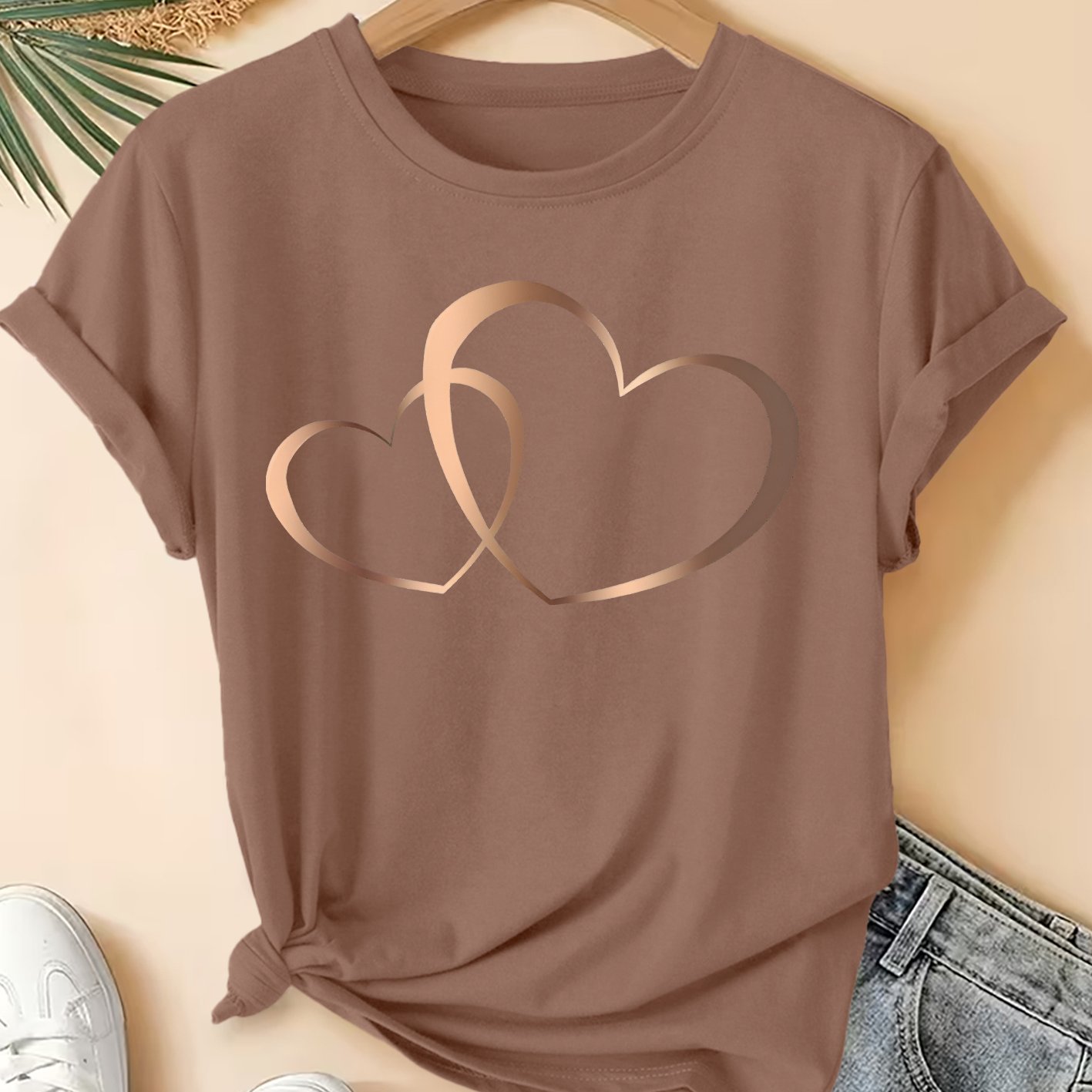 TEMU Women's Summer Clothing Rose Golden Print Round Neck Short-sleeved T-shirt Easy Fashion Commuting Vacation Daily Versatile Plus Size Friendly
