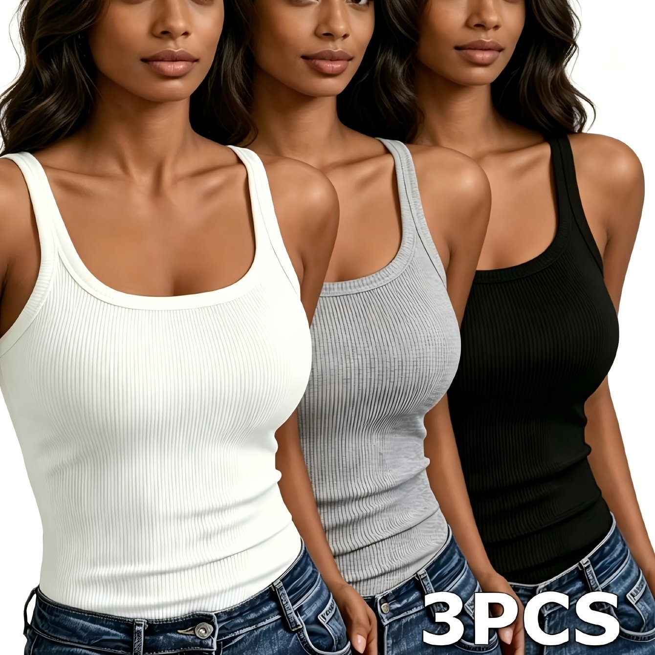 TEMU 3pcs Women's Elegant Casual Ribbed Tank Tops - Sleeveless Round Neck Summer Tops, Solid Color Versatile Design, Suitable For Daily Or Formal
