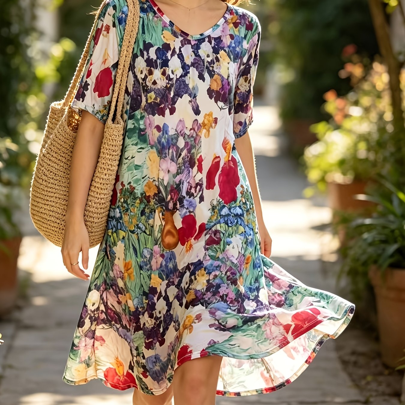TEMU Elegant A-line Maxi Dress With V-neck & Five-quarter Sleeves - Wrinkle-resistant Suitable For Layering Over Cardigans, For Home Or Outfits |