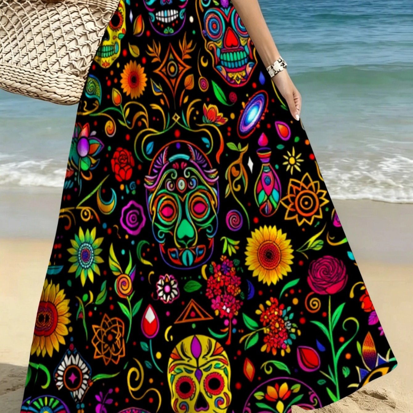 TEMU Lianyaoshi[printed Designnot Textured] Of The Dead Print Maxi Skirt For Beach Casual Wear, Lightweight With Floral Skull , With Multicolor
