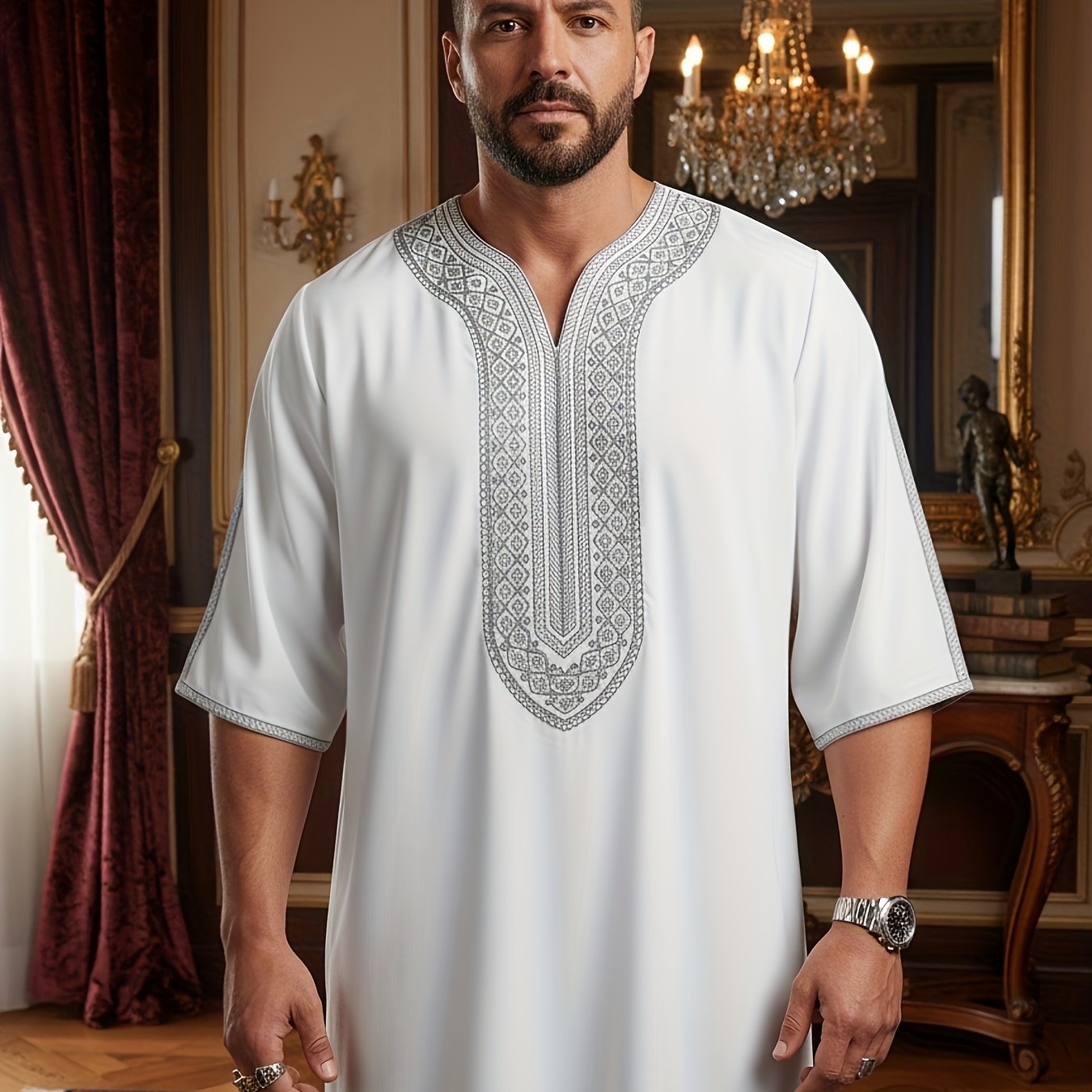 Men's Moroccan Thobe - White Robe With Embroidery | Traditional Arab Clothing For Ramadan, Eid & Spring-autumn Wear