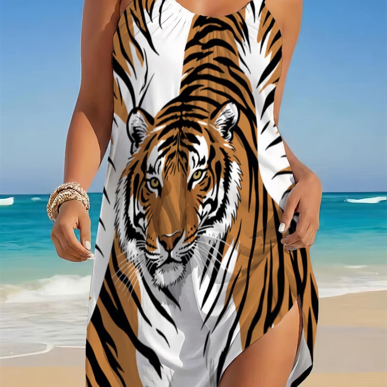 Women's Printed Halter Dress Featuring A Tiger With Stripes And Artistic Frame