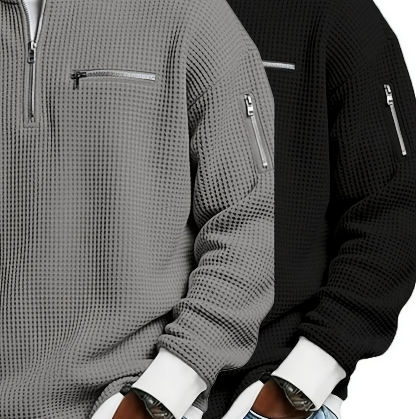 TEMU 2pcs Men's Waffle Quarter Zip Sweatshirt, Stand Collar Contrast Trim Pullover Long Sleeve Tops With Zipper Pockets, Casual Loose Fit Sweatshirts