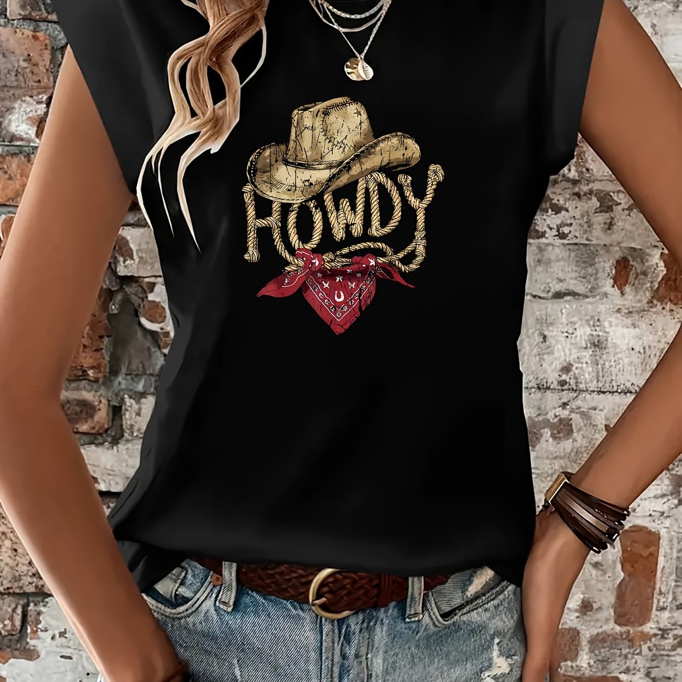 TEMU Women's Howdy Western Cowboy Hat & Cap Graphic T-shirt - Retro Country Short Sleeve Crew Neck Top With Howdy Print, Spring Summer Casual Blouse