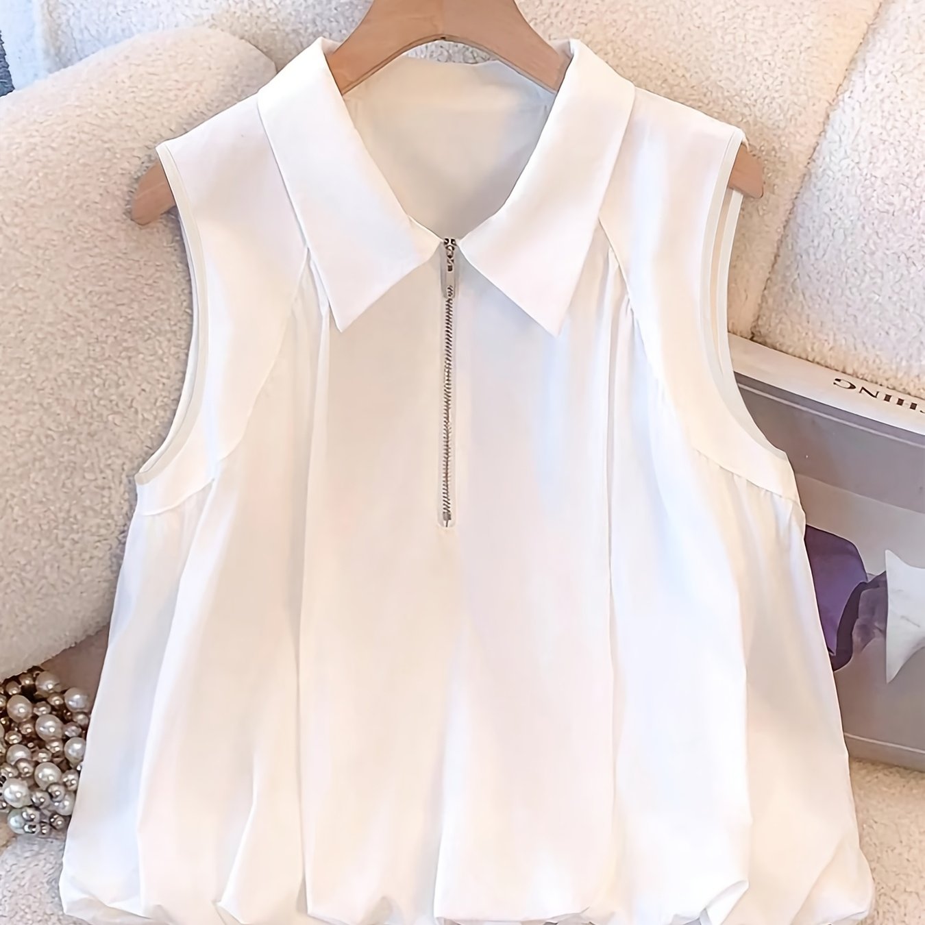 TEMU Elegante Damenmode Bluse mit Reißverschluss, Raffungen und weißem Revers für Frühling und Sommer