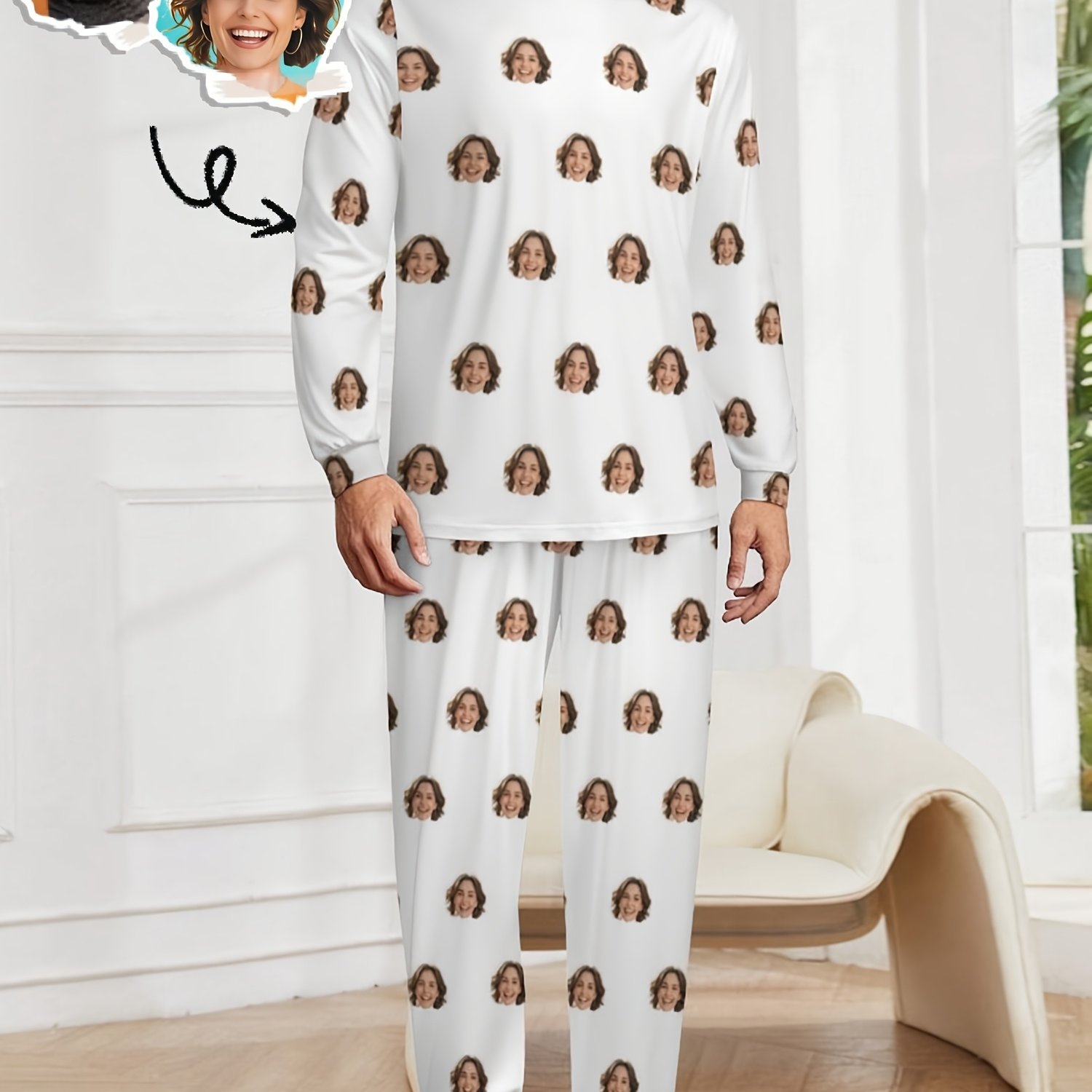 TEMU Ensemble de pyjama pour homme avec motif de visage personnalisé, vêtements de nuit confortables sur le thème du visage, pyjama chaud à manches