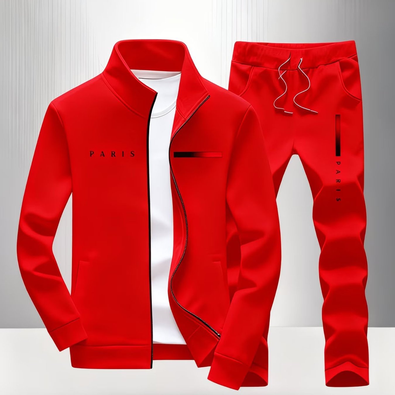Casual Sportswear Set For Men Featuring A Red Jacket With Paris Lettering And A Stand Collar, Pants, Perfect For Daily Street Style