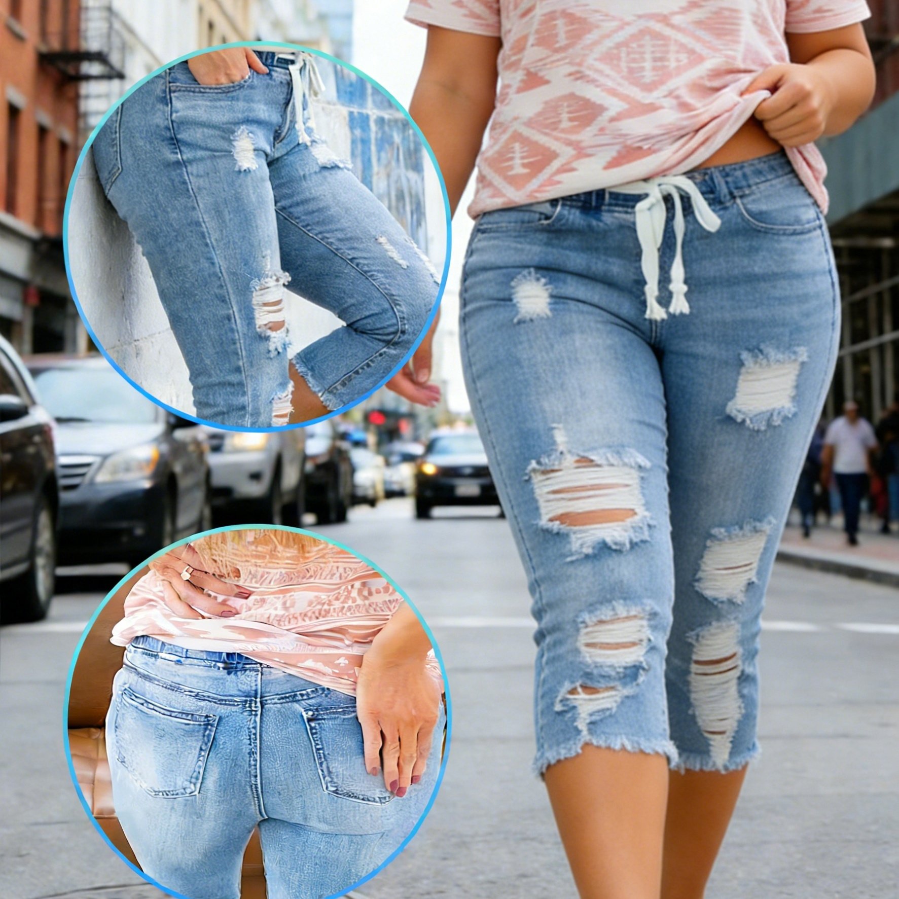 TEMU Plus-size Women's Denim Shorts, Drawstring Jeans, Ripped Details, Suitable For Tops, Loose Fit, Plus-size Women's Clothing, Ideal For Vacation,
