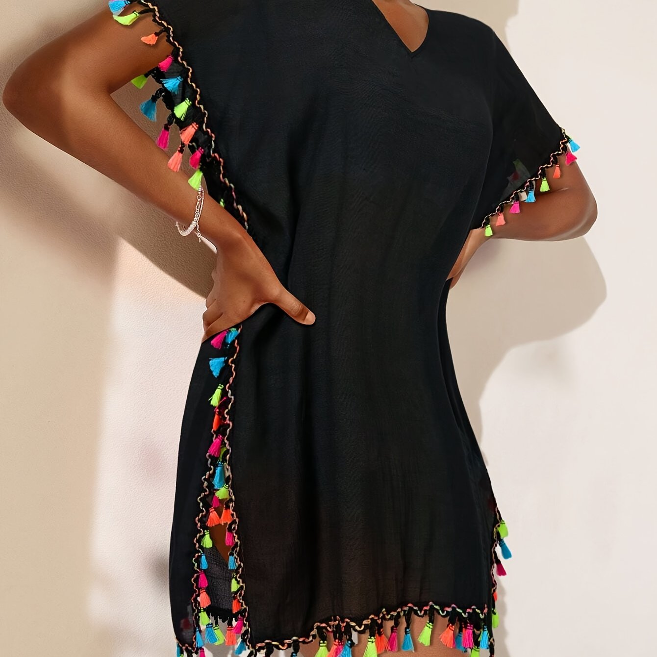 Image of Women's Colorful Tassel Trim V-neck Cover Up Dress Short Length Sexy Side Slit Loose Fit Batwing Sleeve Semi-transparent Dress Vacation Outfit Summer Clothing