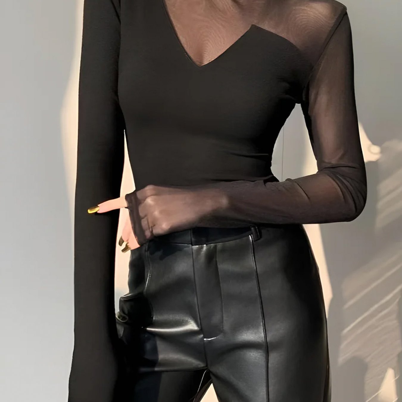 TEMU Autumn New Women's Long Sleeve T-shirt Mesh Sheer Base Layer