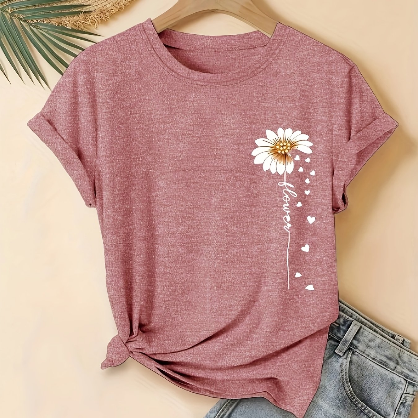 E-shop T-Shirt mit Blumen-Print, Kurzarm-Freizeitoberteil mit Rundhalsausschnitt für Sommer & Frühling, Damenbekleidung