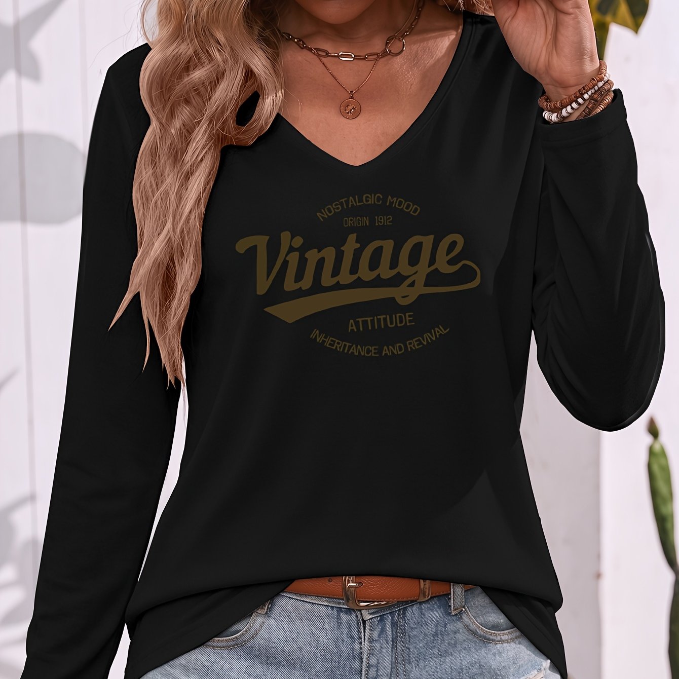 TEMU Retro Nostalgic Slogan Printed V-neck Long Sleeve T-shirt, Comfortable Soft And Breathable, Classic Vintage Casual, Fall Winter New Versatile