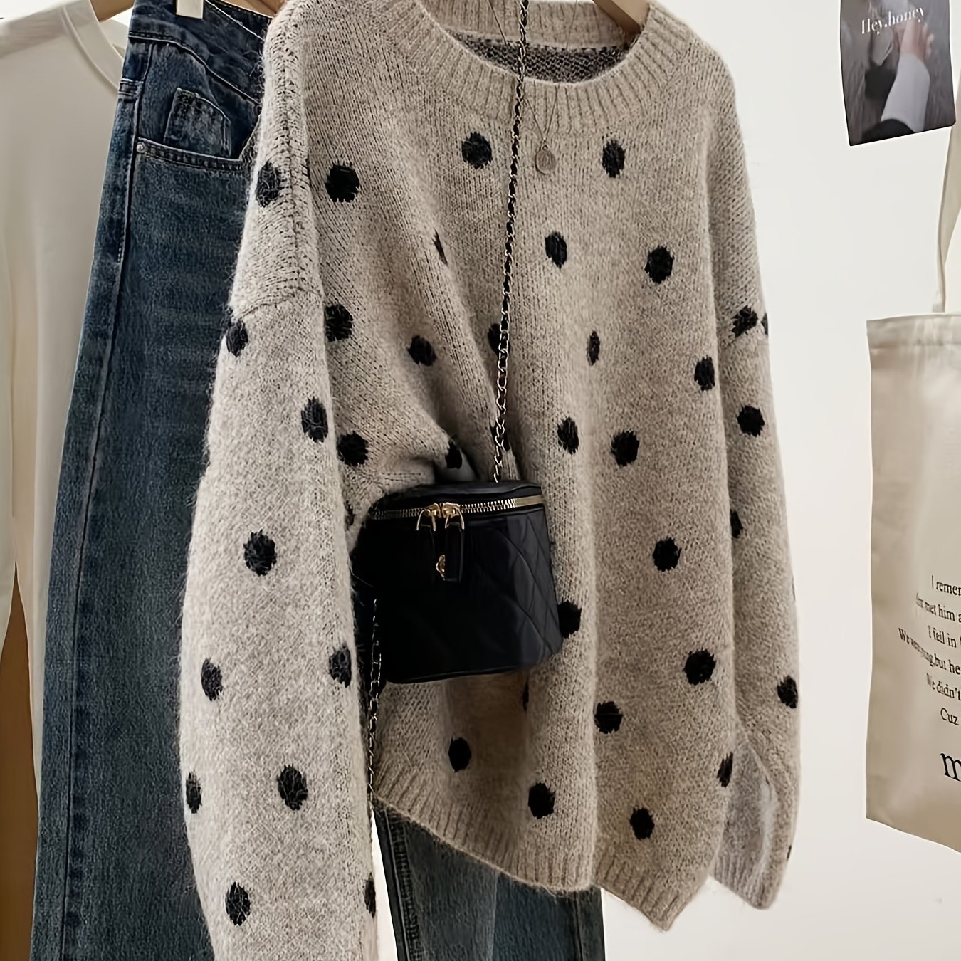 TEMU Retro Polka Dot Premium Loose Casual Daily Sweater Top, Women's Autumn Winter Sweater