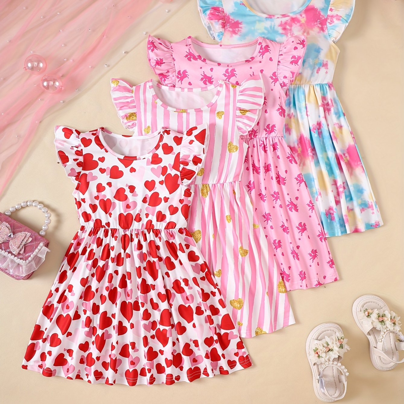 TEMU 4pcs, Printed Dress, Girl Casual Dress, Spring And Summer Trendy And Versatile Dress For Little Girls