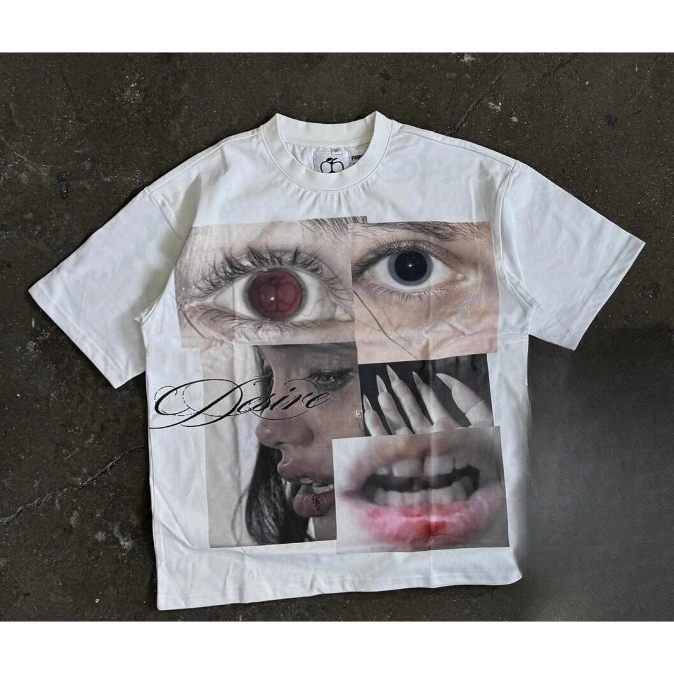 TEMU Men's Y2k Harajuku Gothic T Shirt White Crewneck With Eye Non Stretch Fabric For Concerts Parties Everyday Streetwear Edgy Japanese Fashion Top